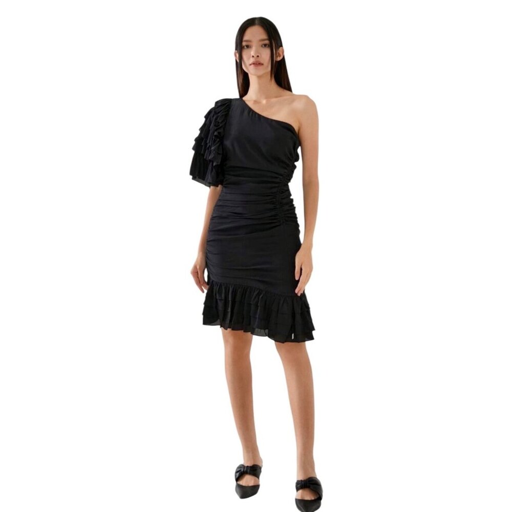 Magali Pascal Desa Black One-Shoulder Ruched Ruffle Adjustable Mini Dress Small - Picture 4 of 8